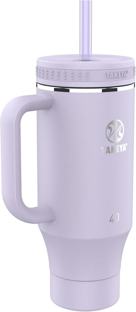Takeya Stainless Steel Tumbler with Handle and Straw (40 oz, Vivacity Purple) - Insulated Water Bottle with Straw for Water & Iced Beverages
