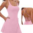 M MOTEEPI Women's Workout Golf Dress with Pockets Built-in Bra & Shorts Sleeveless Open Back Tennis Active Dresses (Large, Pink)