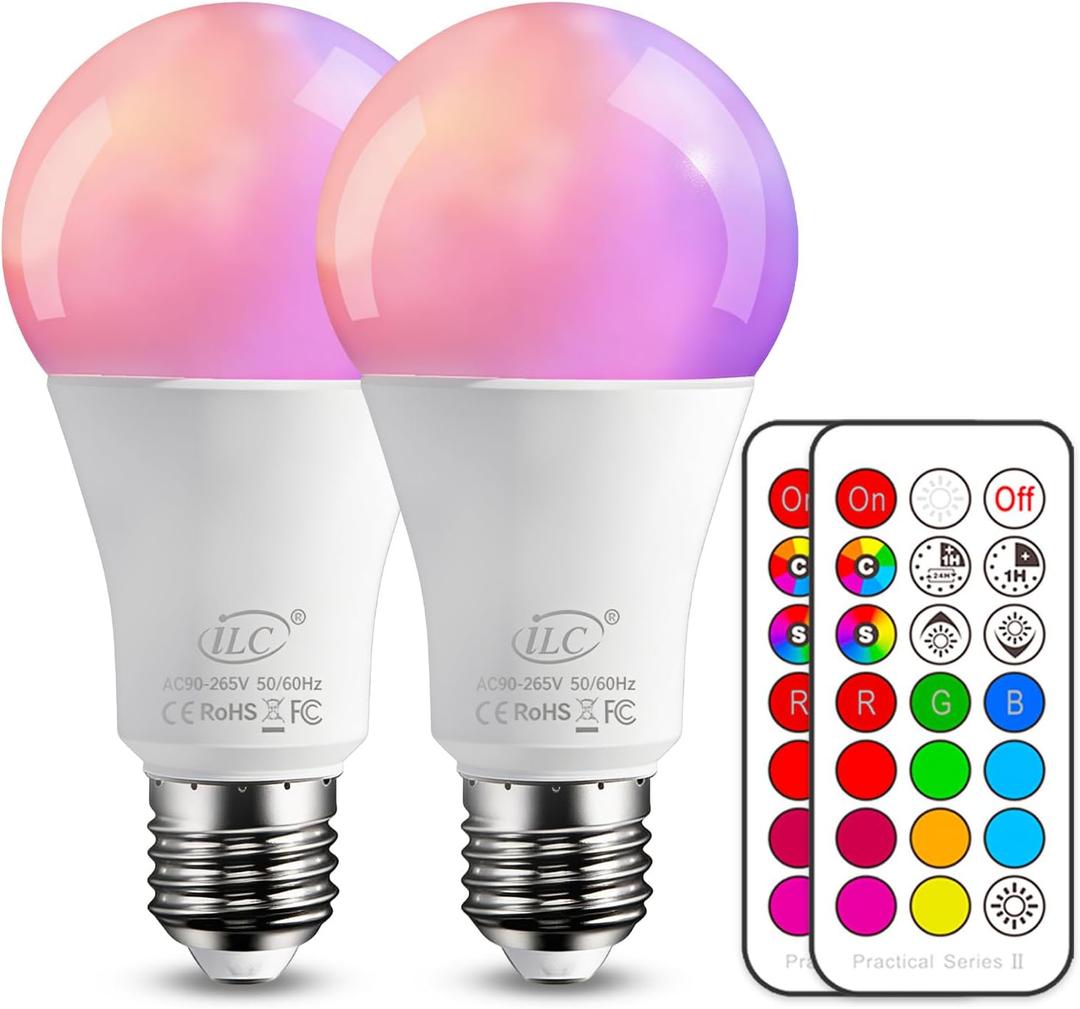 ILC Color Changing LED Light Bulbs, 70W Equivalent, 2700K Warm White A19 E26 Screw Edison Base RGBW Dimmable - 12 Color Choices - Timing Infrared Remote Control Included (2 Pack)