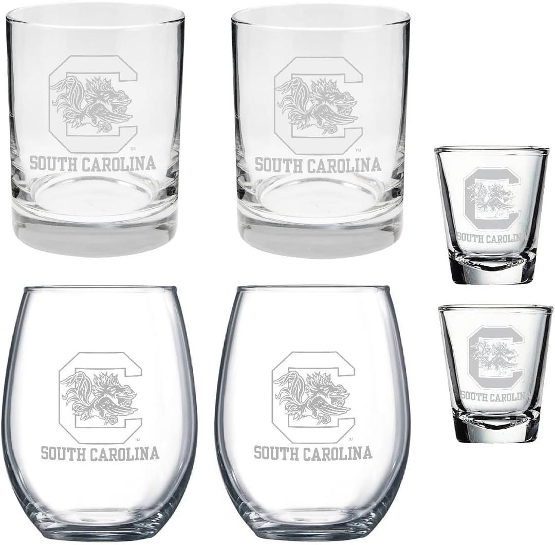 RFSJ INC. South Carolina Gamecocks 6 Piece Satin Etched Glass Combo Set  Includes 2 Wine Glasses, 2 Rocks/Whiskey Glasses, and 2 Shot Glasses