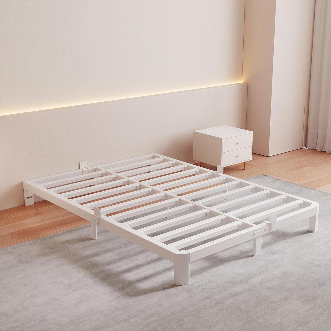 White Low Profile Full Size Bed Frame, 6 Inch Low Full Bed Frame No Box Spring Needed, DIY Headboard, Mattress Stoppers, Heavy Duty Beds Support 3000 LBS, Rounded Legs, Easy Assembly, Noiseless