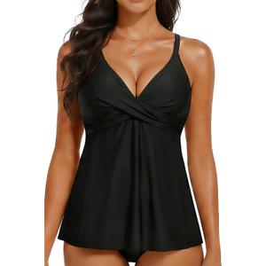 Women's Flowy Tankini Tops Only - Modest Bathing Suit Top Loose Fit Swimsuit Tops No Bottom 2025 (Black, L)