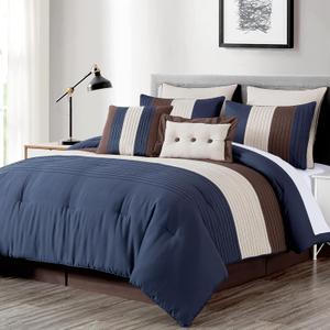 Chezmoi Collection Loft 8-Piece King Comforter Set, Midnight Blue/Brown/Coffee Cream Luxury Striped Bedding for All Season