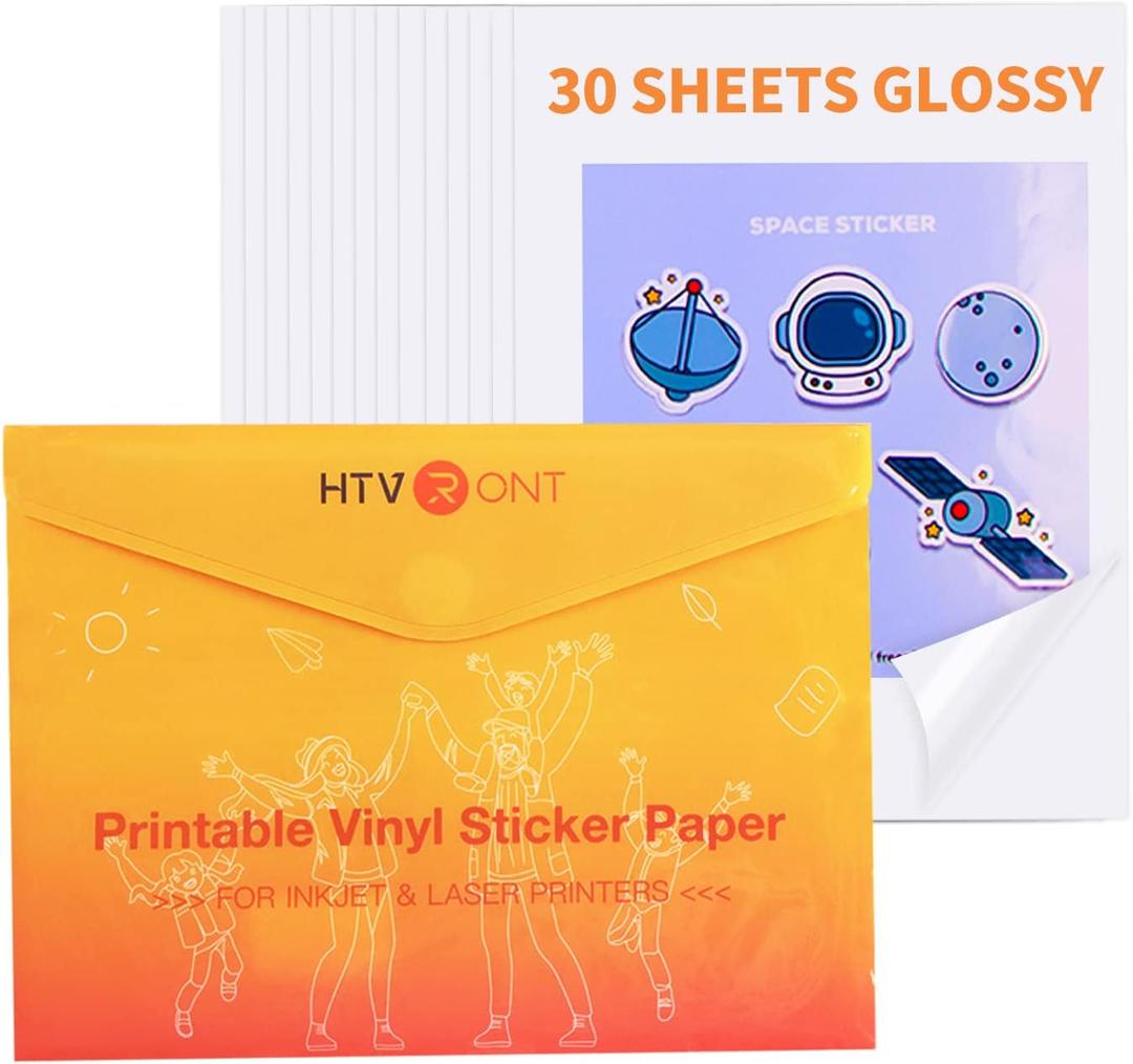 HTVRONT Printable Vinyl Sticker Paper - 30 Sheets Glossy Waterproof Sticker Paper for Inkjet Printer & Laser Printer, Dries Quickly & Tear Resistant 8.5"x11"