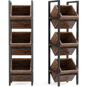 LITTLE TREE 3-Tier Basket Stand, Wooden Floor Stand Shelving Unit, Rustic Standing Organizer Storage Rack for Kitchen, Bathroom, Living Room (2, Rustic Brown)