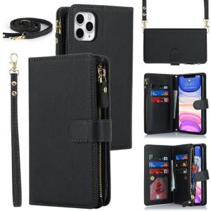 iCoverCase Compatible with iPhone 11 Pro Max Wallet Case with Card Holder, Crossbody with Wrist Strap, PU Leather Not Detachable Flip Cover Case 6.5 Inch (Black)