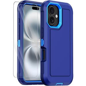 Annymall for iPhone 16 Case with 2 Screen Protector,Shockproof Drop Protection Dust Proof Heavy Duty Military Grade Multi-Layer Rugged Protective Phone Cover for Apple iPhone 16 (Blue)