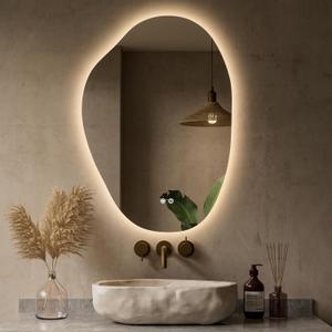 Keonjinn 22 x 30 Inch Asymmetrical Backlit Bathroom Mirror with Lights, LED Irregular Mirror with HD Tempered Glass, UL-Listed LED Driver, 3 Color Lights, Dimmable, Memory Function, Safe Defogging
