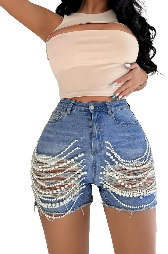 Tbahhir Womens High Waist Ripped Denim Shorts with Pearls Beading Chain Distressed Bodycon Stretchy Summer Jean Shorts (XX-Large, Blue)