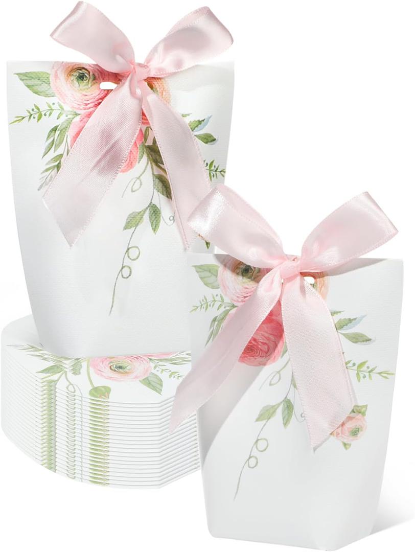 Liobelon 24 Pcs Small Floral Gift Boxes With Ribbons Wedding Favor Boxes Thank You Treat Boxes Flower Paper Candy Box for Gift Giving Tea Party Birthday Baby Shower Mothers Day (Pink)