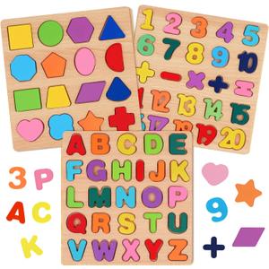 Attmu Wooden Puzzles for Toddlers, 3 Pcs Alphabet Puzzle ABC Shape Number Puzzle, Learning Toys for Kids, Preschool Educational Activities Toddler Gift Toys for Girls Boys Christmas Valentines Easter (Multi)