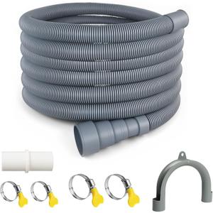 Washing Machine Drain Hose Universal 11.4 FT Dishwasher Drainage Hose Flexible Corrugated Washer Hose Extension Kit with 1 U-Bend Holder, 1 Extension Adapter and 4 Steel Clamps