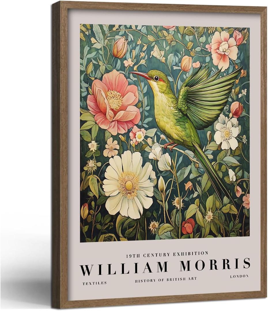 RJETZMU Hummingbird Wall Art Print Wood Frame Wrap Poster William Morris Style Vintage Botanical Bird Artwork Nature Picture Gallery Wall Decor for Living Room Bathroom Office 16x24 Inch