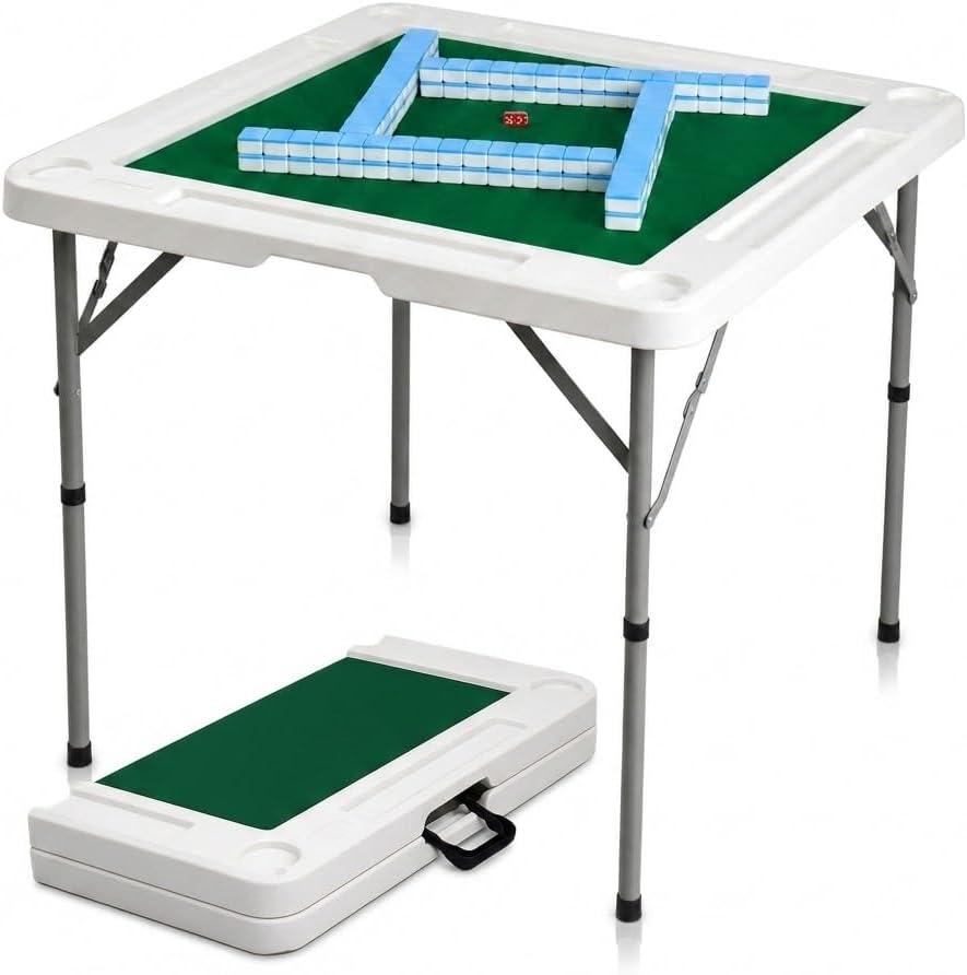 34.6" Folding Mahjong Table, Portable Game Table with Cup Holders | Foldable Design, Carry Handle, 4 Cup Holders, 4 Storage Slots, HDPE Tabletop, Steel Legs, Quiet Playing Mat, 34.6IN