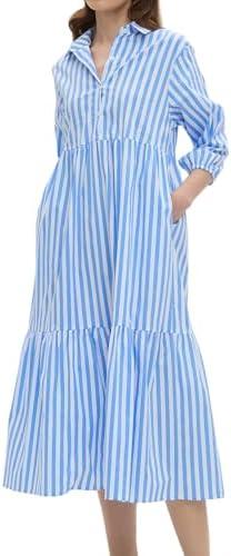 EZAPINE Womens Babydoll Striped Shirt Midi Dress Puff Long Sleeve Collared Button Tunic Flowy Swing Dresses L