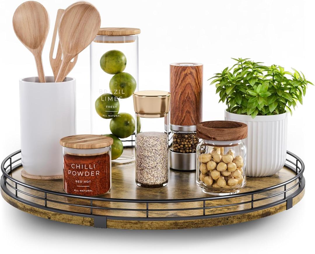 Lazy Susan Turntable Organizer for Table Top, 16 Round Wooden Lazy Susan for Cabinet Kitchen Countertop Pantry Dining Coffee Table for Condiments Spices, Rustic Bathroom Vanity Tray for Soap Candle