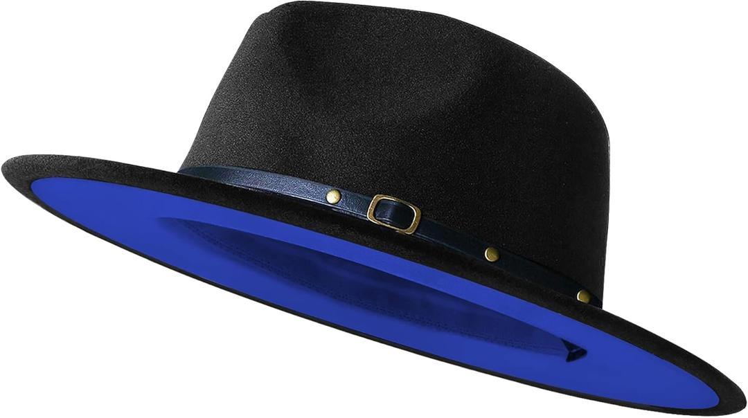 Wide Brim Fedora Hats for Women Men Two Tone Dress Hat Felt Panama Hat in Two Audlt Size (Large-X-Large, Black&blue)
