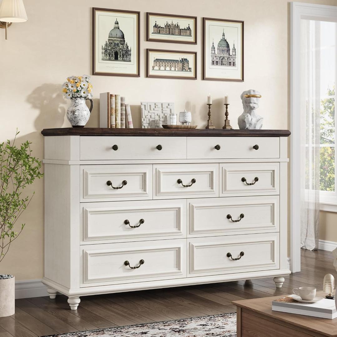 Jocoevol Farmhouse 9 Drawer Dresser, 54" Wide Cream Bedroom Dressers, Vintage Design Wide Dressers, Dresser for Bedroom with Natural Texture for Living Room, Hallway, 16.1"D x 53.5"W x 36.2"H