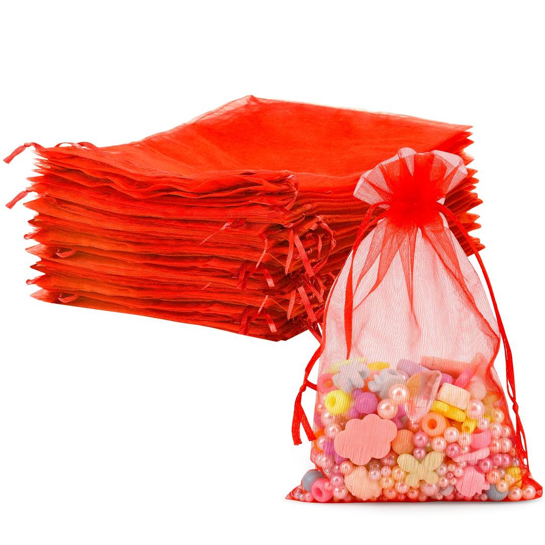 Organza Bags, Organza Bags 4x6, 100 PCS Small Mesh Bag Drawstring, Red Sheer Wedding Party Favor Bag, Small Mesh Gift Pouches Jewelry Mini Candy Pouch for Wedding, Baby Shower, Birthday Party Supplies
