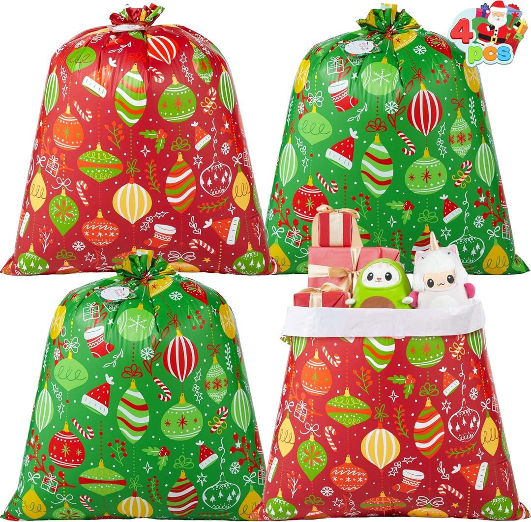 JOYIN 4 pcs Christmas Extra Large Gift Bags, Jumbo Heavy Duty 44"*36" Xmas Presents Bag for large Gifts Wrapping, Drawstring Santa Sacks with Tag for Christmas Season parties and holiday present Giving.