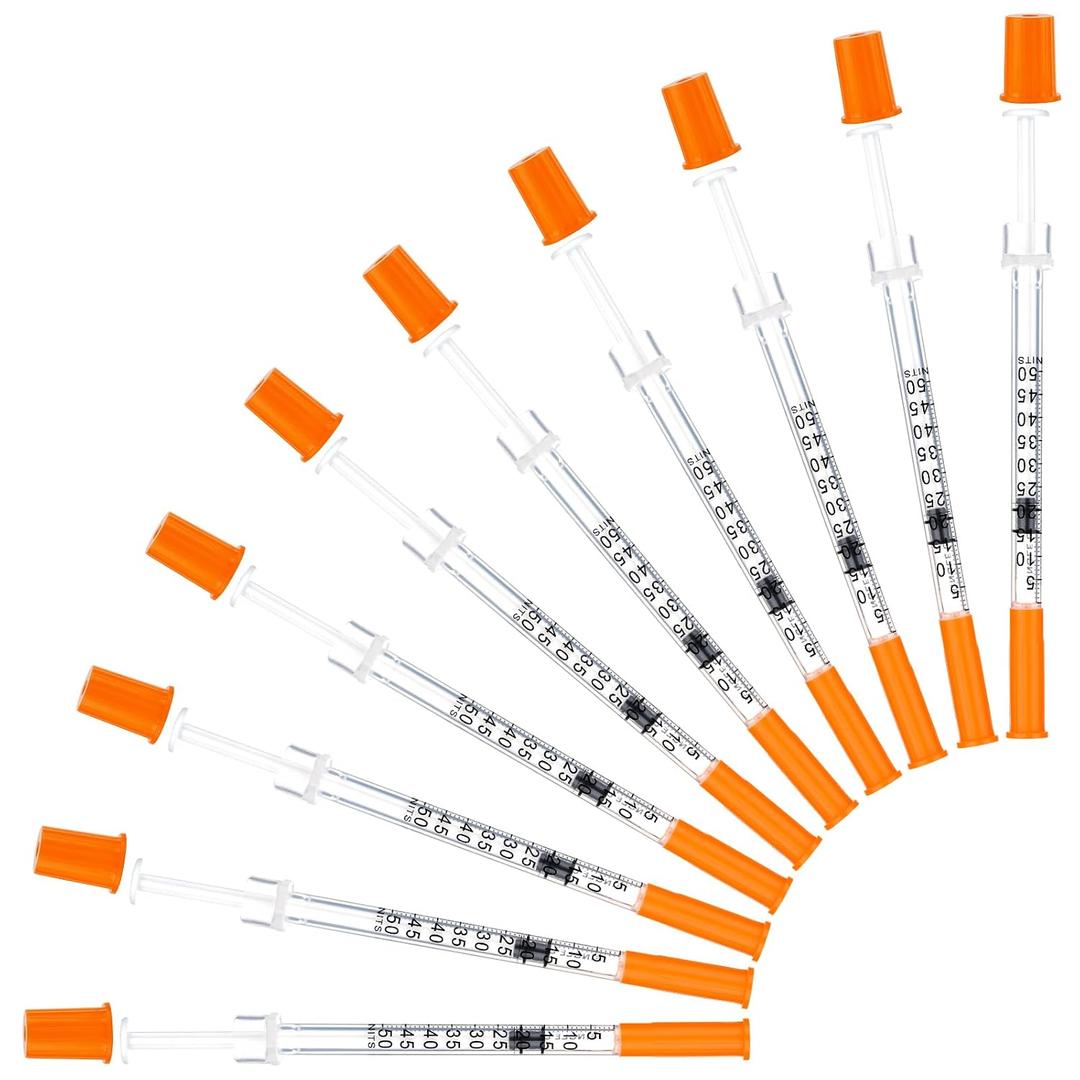 U-100 Syringe 0.5 ml/cc, 31 Gaugex1/2"(13mm), Orange Cap, Disposable Individual Wrapped, Pack of 100