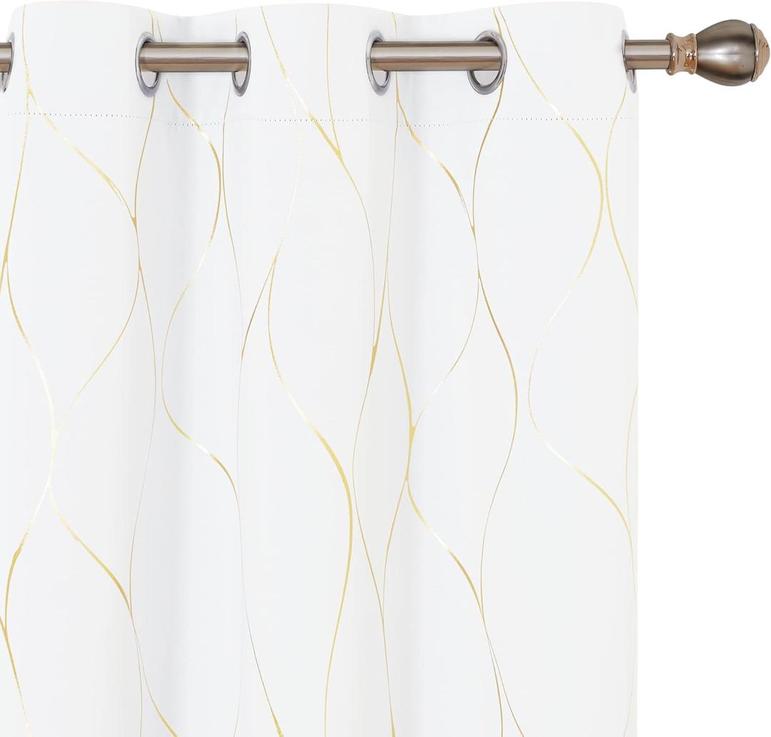 Deconovo Silver or Gold Wave Print Blackout Curtains - Thermal Insulated & NoiseReducing Grommet Drapes for Bedroom & Living RoomGreyish White/Line42W x 63L2 Panels