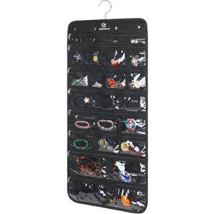 Hanging Jewelry Organizer with 50 Transparent Pockets, 360 Rotating Hanger & Secure Zipper Closure - Foldable Double Sided Jewelry Storage Bag for Earrings, Rings, Necklaces, Bracelets (Black)