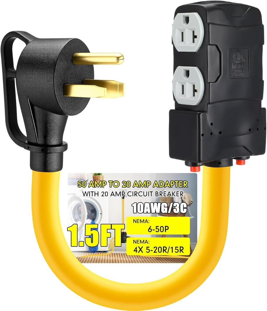 Tellegloww 1.5 FT 50 to 20 Amp Welder EV Distribution Adapter Compatible with NEMA 6-50P to 4X 5-20R/ 5-15R, 3 Prong Welder EV Male Plug 4X Household Outlet with 20A Circuit Breaker, ETL Listed