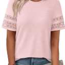 PRETTYGARDEN Summer Tops for Women 2026 Lace Short Sleeve T-Shirts Casual Blouses Spring Fashion Clothes Vacation Outfits XL