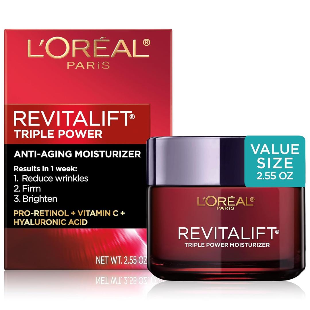 L'Oreal Paris Revitalift Triple Power AntiAging Face Moisturizer, Fragrance Free, Pro Retinol, Hyaluronic Acid & Vitamin C to Reduce Wrinkles, Firm & Brighten Skin, 2.55 Oz
