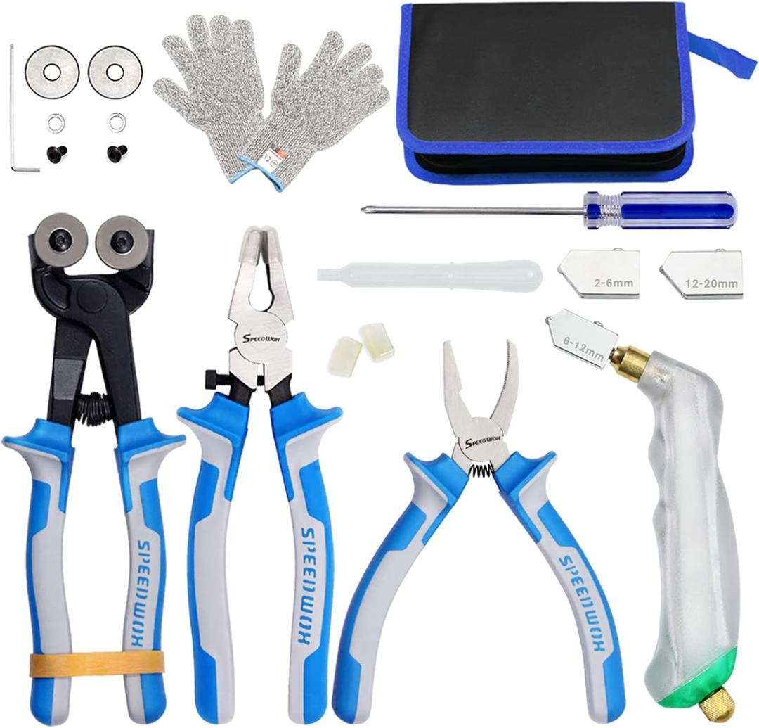 20PCS Heavy Duty Mosaic Wheeled Glass Nippers with Replacement Cutting Wheel Glass Running Pliers Breaker Grozer Pliers Oil Feed Glass Cutter Set Cut Resistant Gloves Leather Zipper Bag