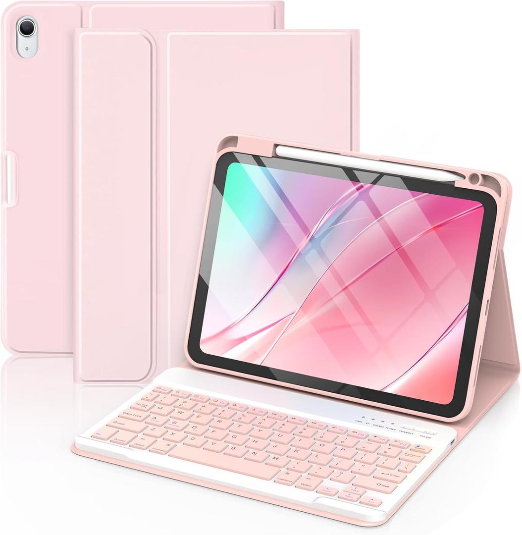 MMK for iPad 11th 10th Generation Case with Keyboard 11/ 10.9" 2025 A16/ 2022, Detachable Wireless Bluetooth Folio Keyboard Case with Pencil Holder - Light Pink