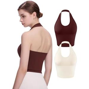 Eleplus 2 Pieces V Neck Halter Crop Tanks Tops for Women Backless Going Out Tops Workout Sport Bra Pack of 2 S/M