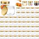 Tanlade 60 Pcs 3 oz Clear Plastic Jars with Lids Wide Mouth Mason Jars Mini Storage Containers Bulk for Herb Jelly Wedding Valentine Favors Shower Party Favors(Gold)