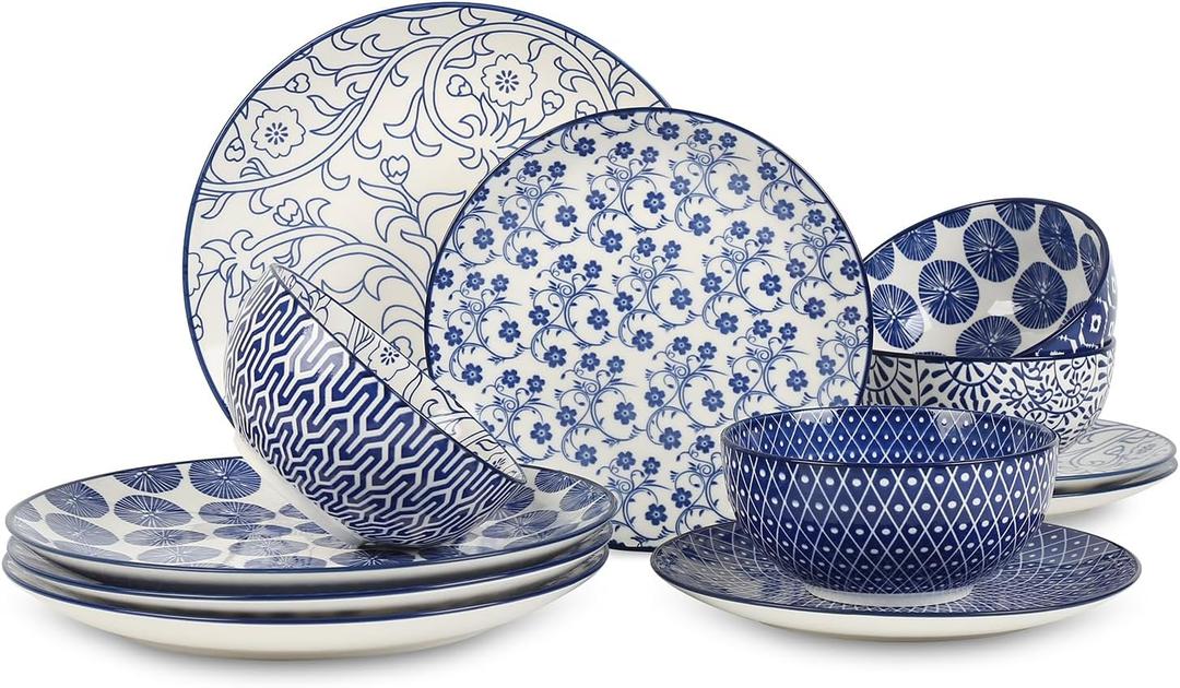 Selamica Ceramic Dinnerware Sets, 12-Pieces Plates and Bowls Sets, Scratch Resistant Dishes set for 4, Dishwasher & Microwave Safe,Vintage Blue