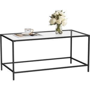 Glass Coffee Table, Modern Rectangular Coffee Table for Living Room, Minimalist Center Tea Table with Sturdy Metal Frame for Apartment, Office, Easy Assembly, 39.4 x 19.7 x 17.7 Inches, Black