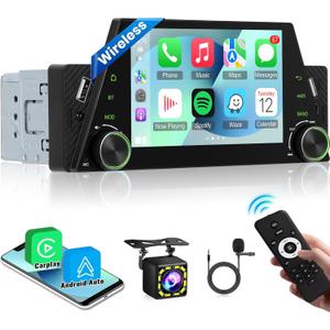 NHOPEEW Single Din Car Stereo with Wireless Carplay and Android Auto - 5 Inch Touchscreen Car Radio - EQ/Mirror Link/SWC/USB Charging/Bluetooth/FM + 12leds Backup Camera & Microphone