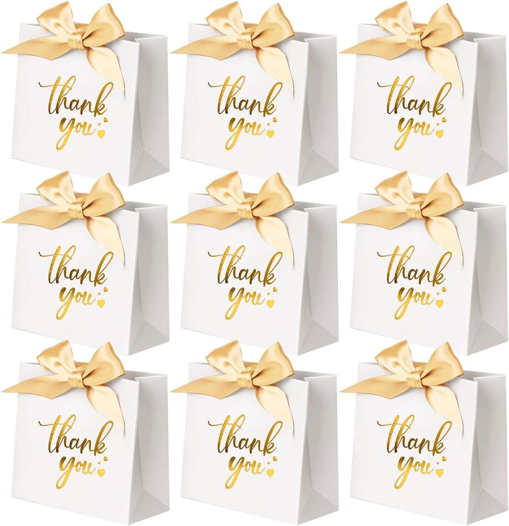 50 Pack Small Thank You Gift Bags, 4.5x1.8x3.9 Inches Party Favor Bags, Mini White Thank You Bags with Ribbon, Wedding Candy Favor Boxes, Paper Gift Bags for Baby Shower, Birthday Party