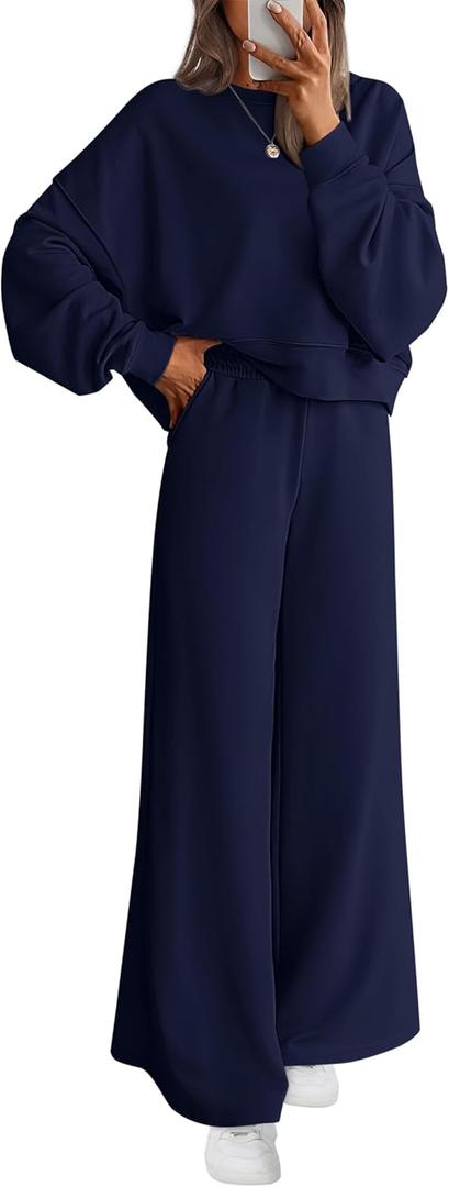 PRETTYGARDEN Women 2 Piece Outfits 2026 Spring Sweatsuits Crewneck Sweatshirt Wide Leg Sweatpants Lounge Sets Tracksuit (Blue, XS)
