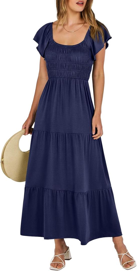 KIRUNDO Women's Summer Dresses Sleeveless Ruffle Sleeve Round Neck Solid Loose Short Flowy Pleated Mini Babydoll Dress, Large