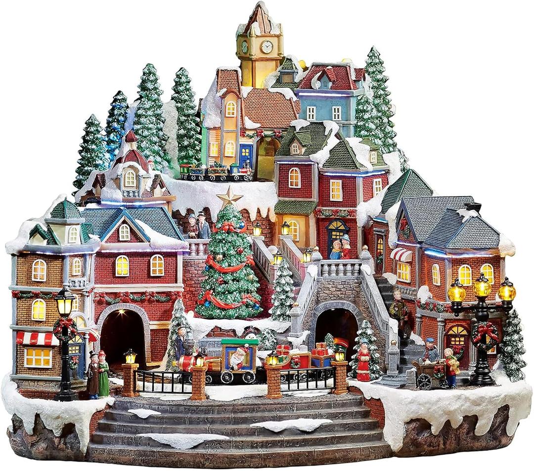 Christmas Village Centerpiece Decor, Tiered Village Town Center, with Rotating Train and Village Buildings, featuring LED Lights, Christmas Music, and Animation - Power Adapter (included) (17045)