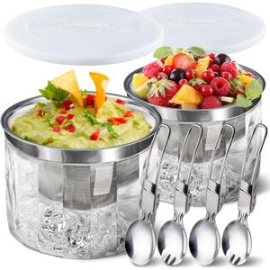 LIMOEASY Chilled Dip Bowl (2 Pack), 25oz Ice Serving Bowl with Lid for Parties, Cold Serving Dish for Hummus, Salsa, Guacamole, Sauces, Pasta