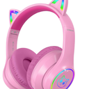 LOBKIN Bluetooth 5.3 Kids Headphones with Case - RGB LED Light Up Cat Ears Foldable Adjustable Over Ear Headphone Support Wireless or 3.5mm Wired Mode for Toddler & Girls & Boys Teens