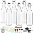6 Pack [0.48 Liter / 16 fl. oz.] Swing Top Glass Bottles Airtight Flip Top Brewing Bottles for Kombucha, Beer, Wine, Kefir, Soda, Liquor Includes Funnel, 2 Pourers, 6 Seals, 8 Labels & Jute Twine Clear