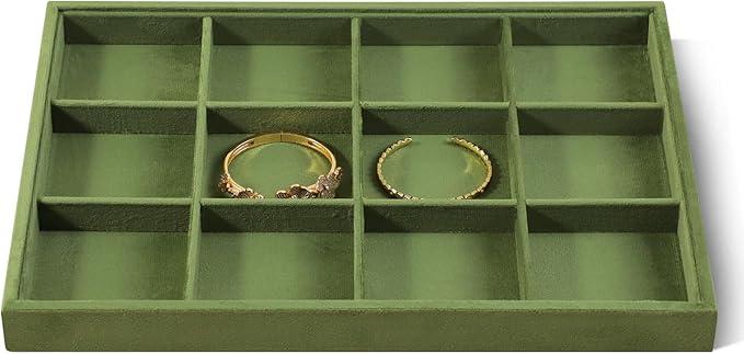Dansmiy Velvet Ring Display Tray Stackable Multi Slot Jewelry Organizer for Rings Ear Studs Drawer Insert Accessories Showcase Storage (Olive Green)