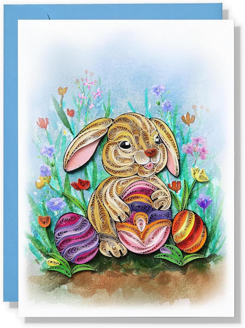 Happy Easter Day Card, Cute Rabbit and Eggs Cards, Animal Themed, Holiday Quilling Art for Kid, Mom, Family, Friend, Husband, Wife with Envelope (Bunny)