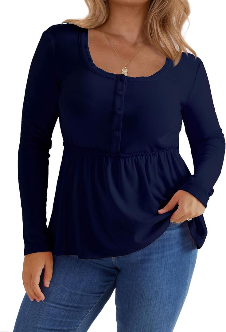 Women's Plus Size Babydoll Tops Long Sleeve Henley Shirts Cute Square Neck Peplum Top Button Casual Swing Flowy Blouses (XXL)