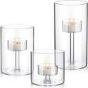 3 Set Hurricane Glass Candle Holders Pillar Votive Hand Blown Clear Cylinder Vase Modern Rustic Table Centerpieces Bulk 3 Sizes (2.8''/4.3''/6'' H)