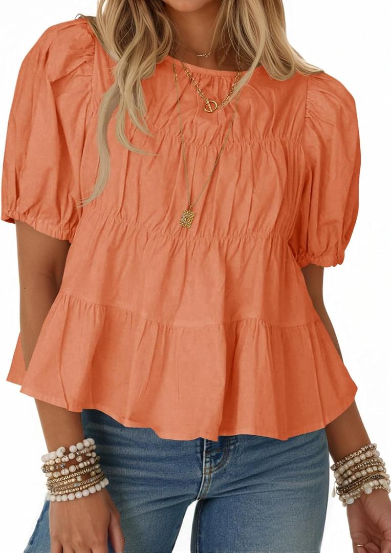 Tankaneo Womens Puff Sleeve Peplum Babydoll Tops Summer Flowy Pleated Cotton T-Shirts Casual Loose Fit Cute Blouse XL