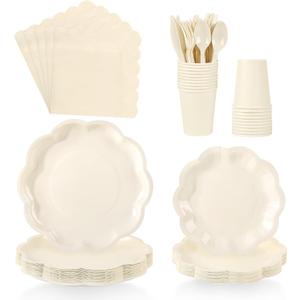 175 Pcs Ivory Paper Plates and Napkins Disposable Tableware for 25 Guests Include Scalloped 9" & 7" Plates Napkins Cups Forks Knives Spoons for Wedding Bridal Baby Shower Birthday Party